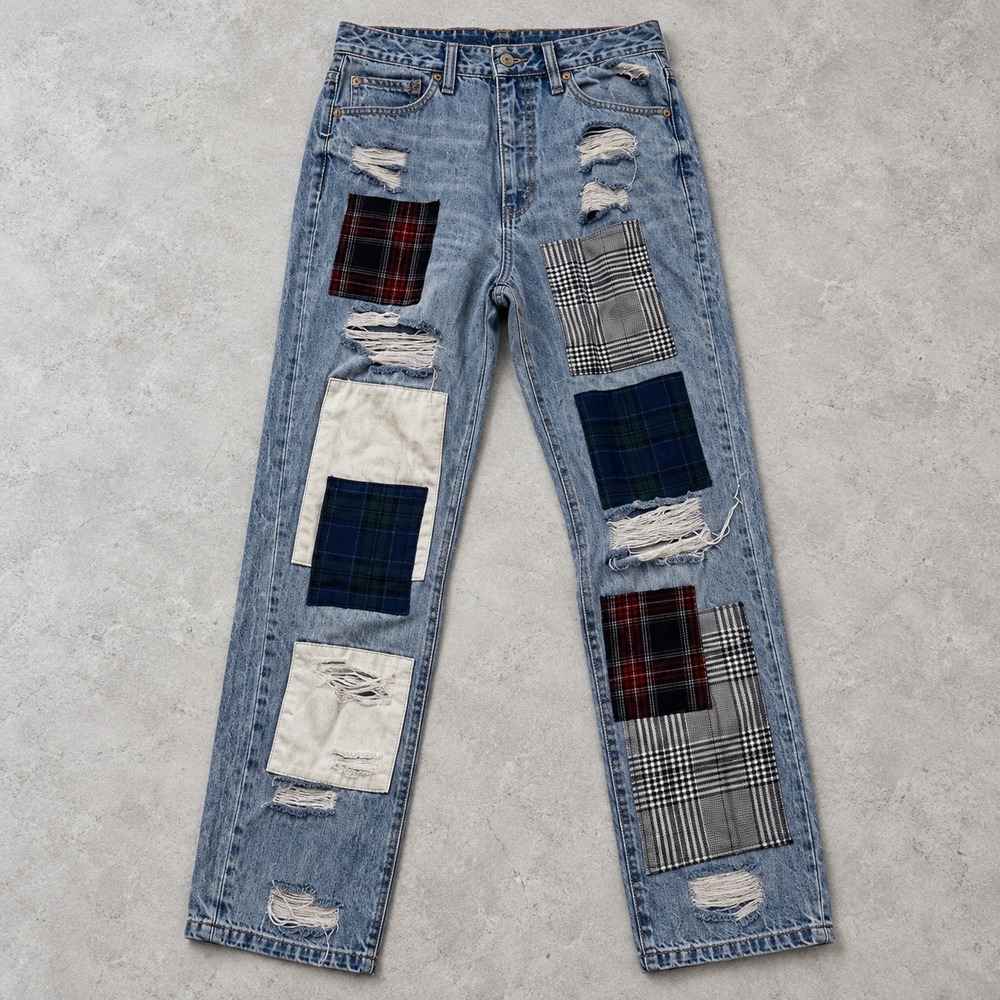 Blue Revival Patchwork Jeans Womens 27 Distressed Straight Plaid Denim 27x28